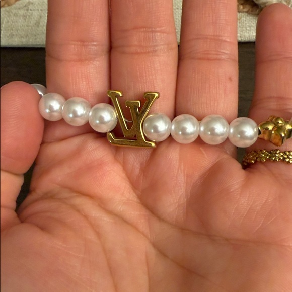 Gold and White Lv Upcycled charm Pearl Bracelet - Picture 4 of 5